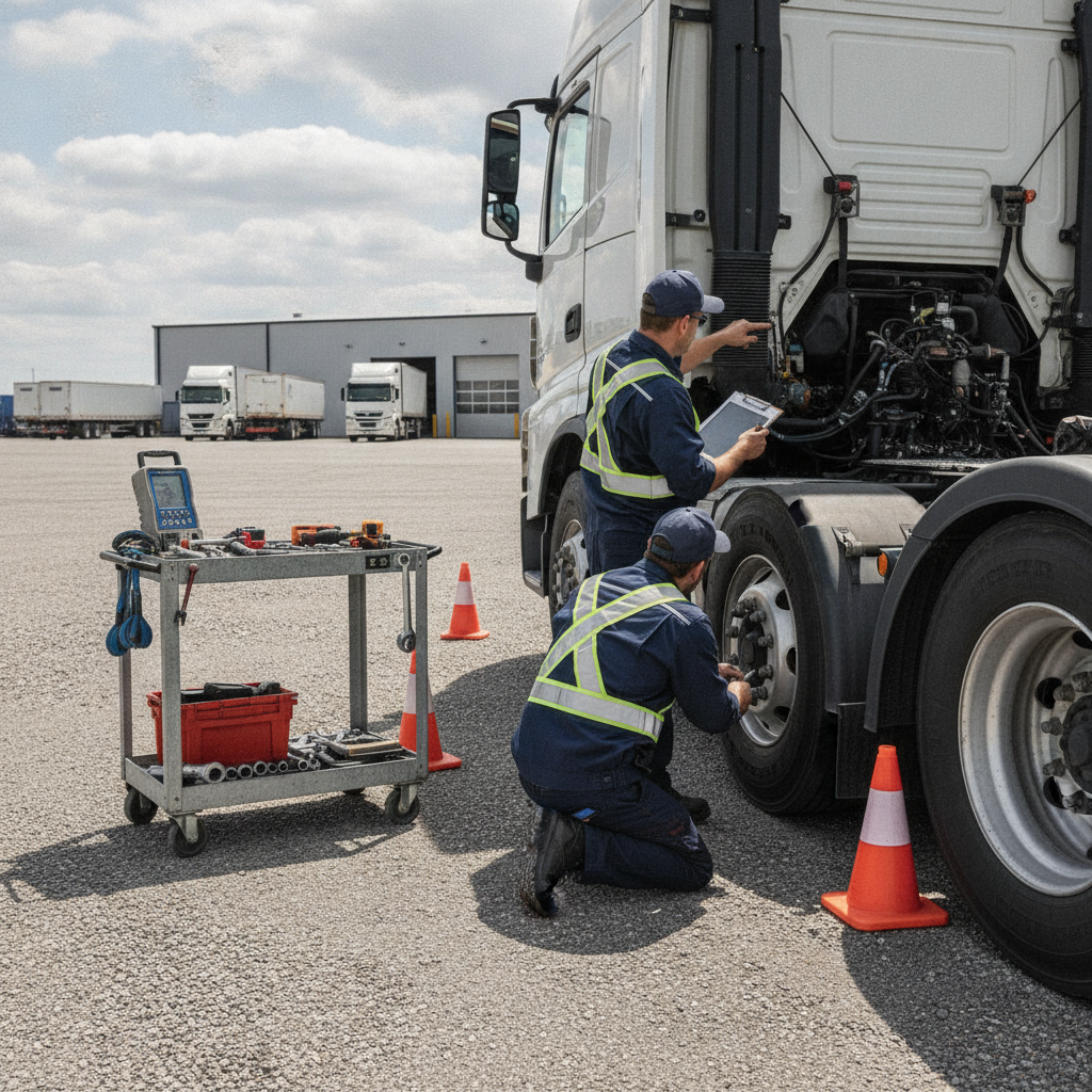 Create a realistic, professional service-business photograph showing Fleet Compliance Inspection from behind, with the backs of their heads visible. Do not show any faces, facial features, front-facing views or side views, profiles, or iden